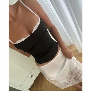 NWOT HOUSE OF CB Eli black & ivory lace peek-a-boo bra camisole satin top sz L